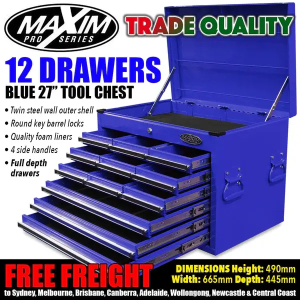 650mm - 12 Drawer Top Chest - Maxim Pro Series Toolbox (Blue, Shipping Australia)
